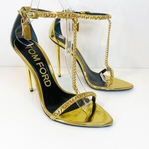 Tom Ford Mirror Leather Padlock T Strap Chain Heels gold 39 9